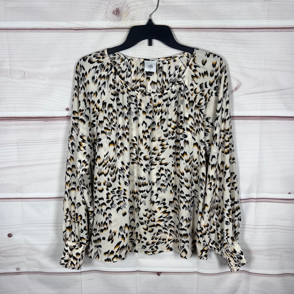 CAbi Blouse Womens Small Cream Leopard Print 4335 Smocked Cuff Long Sleeve Top